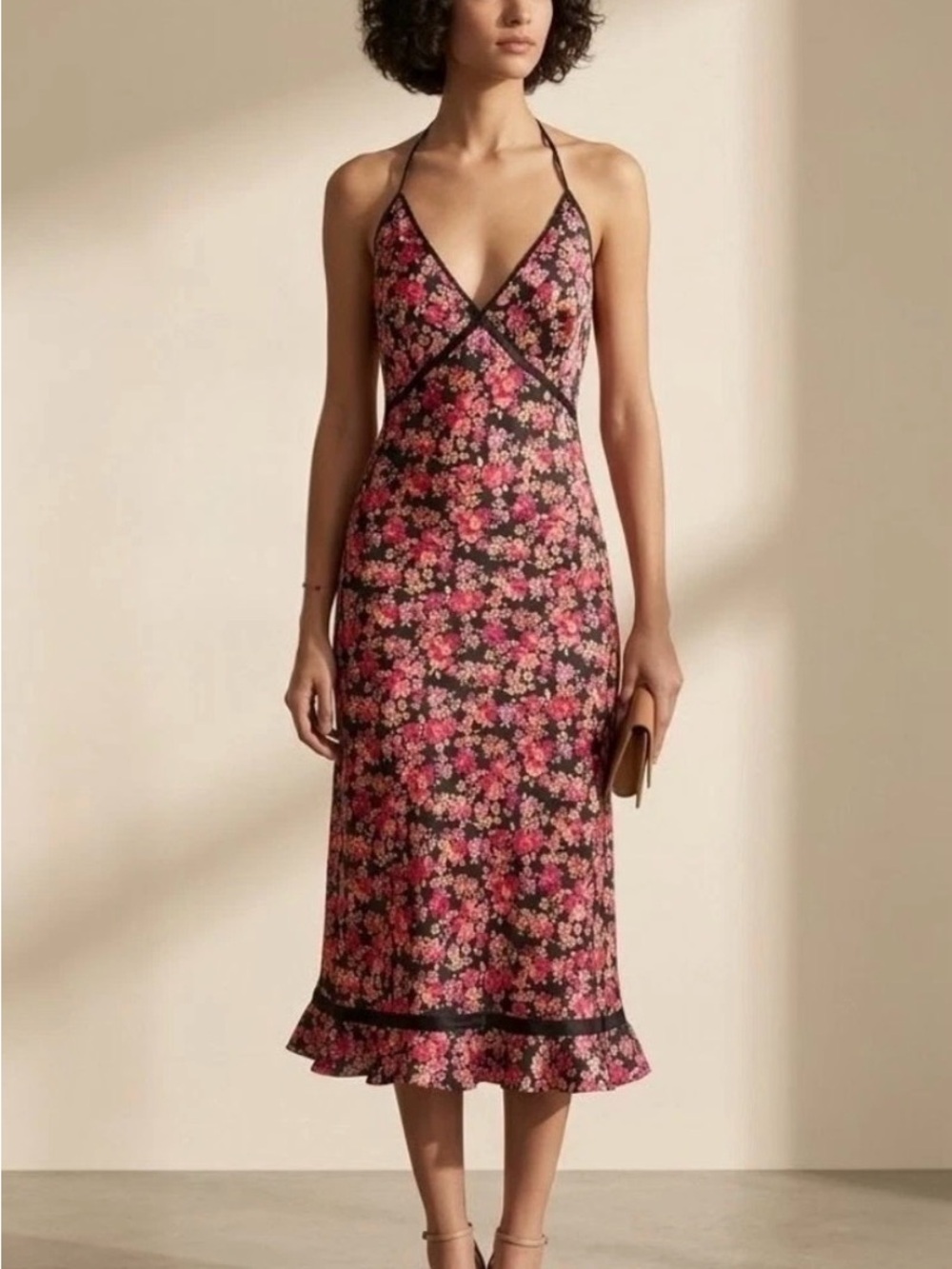 Express Vintage Y2K 100% Silk Slip Dress Halter Floral Pink Black Ruffle Sz 3/4